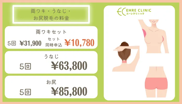エーレクリニックワキ・うなじ・お尻脱毛料金